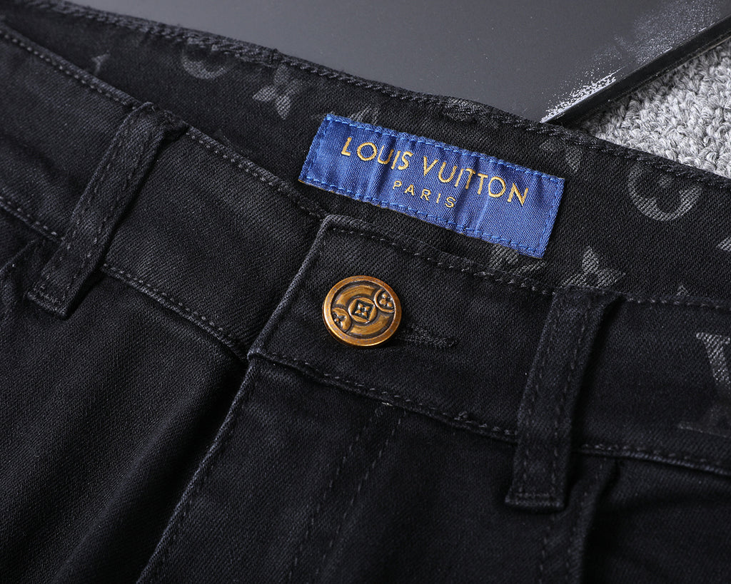 Solid Black Wash Embossed Monogram Jeans V260815