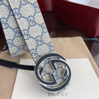 Beige Base Blue Interlocking Pattern Belt With Two-Tone Circle Buckle E020807