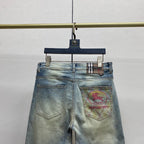 Faded Light Vintage Plaid Knight Print Slim Denim Jeans M260733