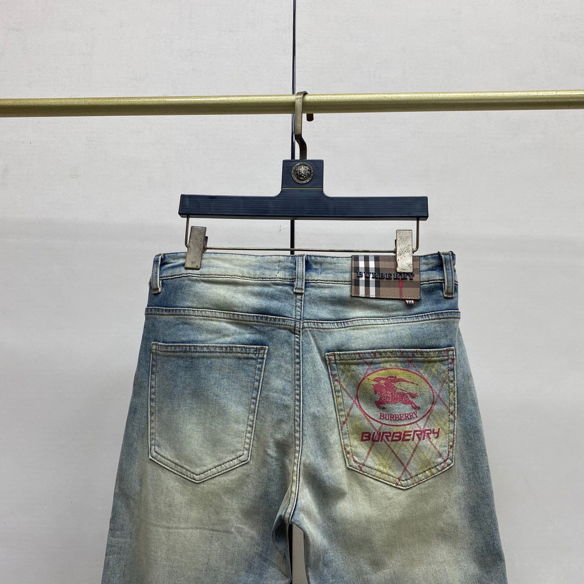 Faded Light Vintage Plaid Knight Print Slim Denim Jeans M260733