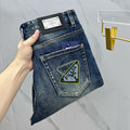 Dark Blue Vintage Triangle Graphic Print Slim Denim Jeans M260738