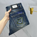 Dark Blue Vintage Triangle Graphic Print Slim Denim Jeans M260738