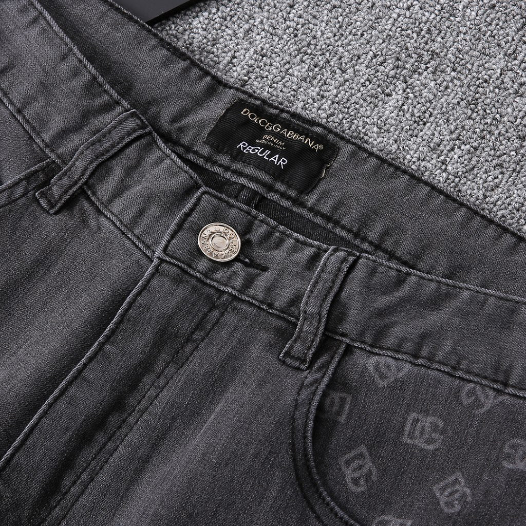 Grey Washed Mens Letter Print Pocket Denim Trousers R260526