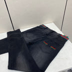 Black Faded Web Stripe Waist Embroidery Jeans V260805