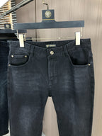 Men Solid Black Embroidered Medusa Slim Denim Pants C261048