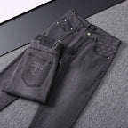 Grey Washed Mens Letter Print Pocket Denim Trousers R260526