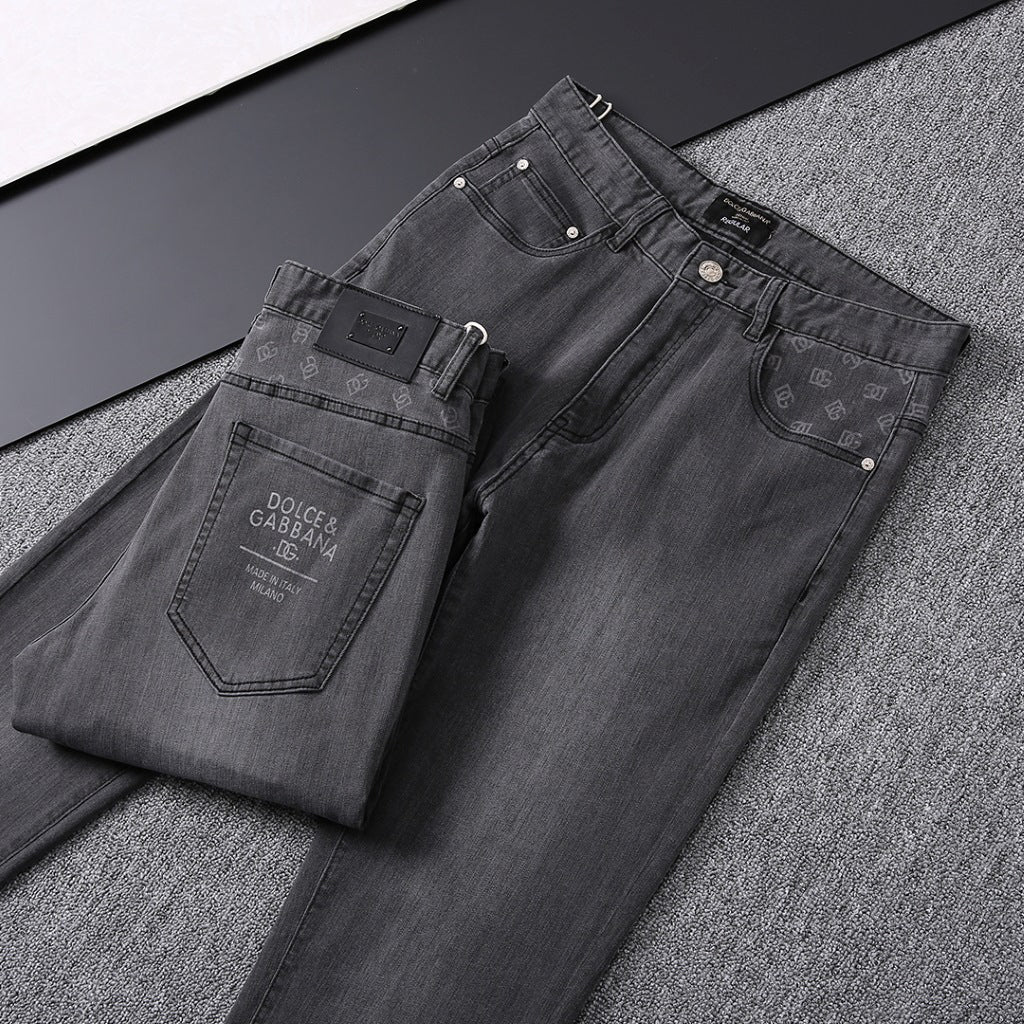 Grey Washed Mens Letter Print Pocket Denim Trousers R260526
