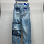 Light Blue Vintage Knight Print Wide Leg Denim Jeans M260732