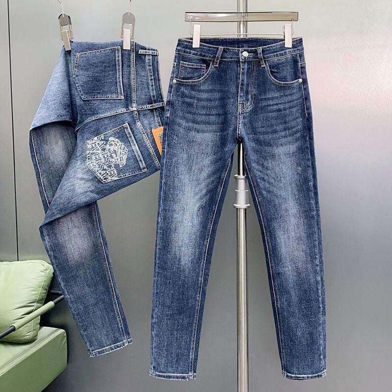 Men Dark Vintage Washed Jeans Medusa Head & Letter Print Back Pocket Slim Fit Denim Pants C261013