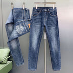 Men Dark Vintage Washed Jeans Medusa Head & Letter Print Back Pocket Slim Fit Denim Pants C261013