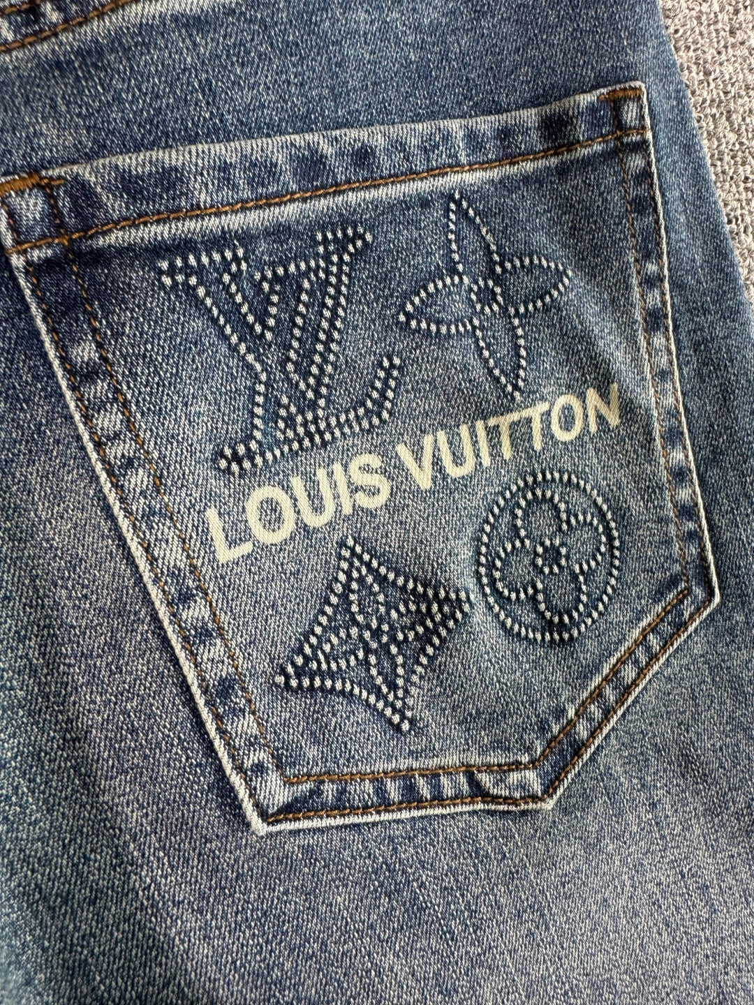 Stitched Monogram & Letter Print Pocket Slim Fit Denim M260701