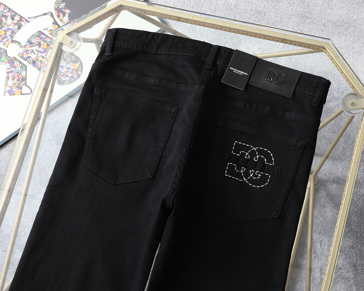 Solid Black Stitched Outline Monogram Slim Denim M260710