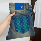 Yellow Tone Retro Denim Jeans With Blue Leather Waist Patch R260537