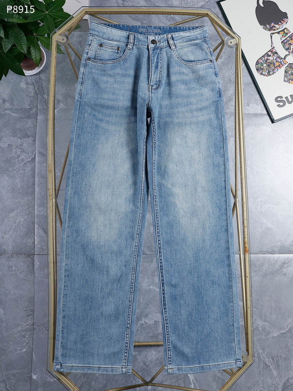 Light Wash Blue Statement Text Embroidery Slim Denim Jeans L260602