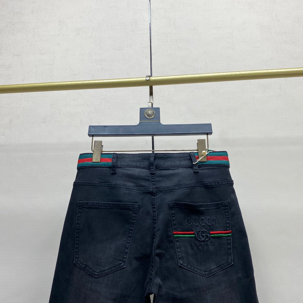 Black Faded Web Stripe Waist Embroidery Jeans V260805