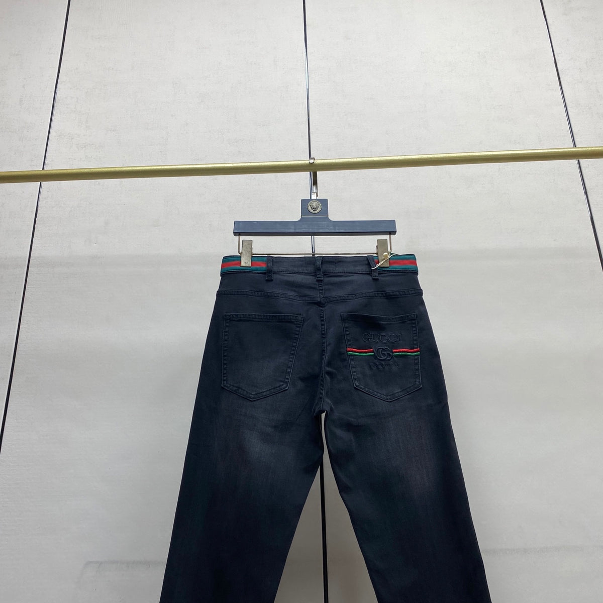 Black Faded Web Stripe Waist Embroidery Jeans V260805