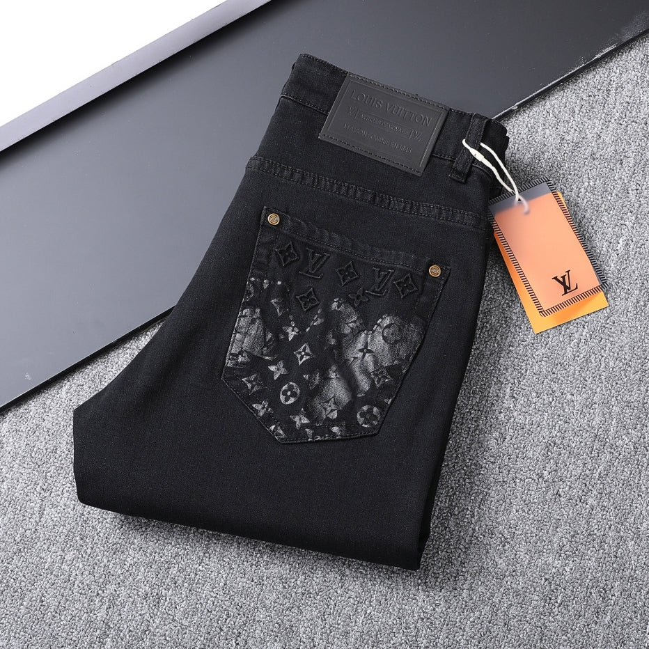 Solid Black Wash Embossed Monogram Jeans V260815