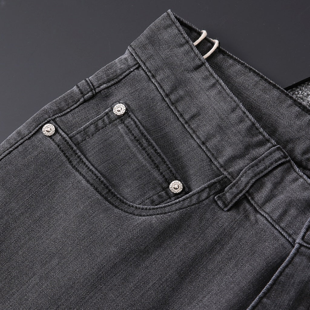 Grey Washed Mens Letter Print Pocket Denim Trousers R260526