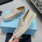 Ostrich Grain Metal Triangle Badge Slip-On Loafers S283422