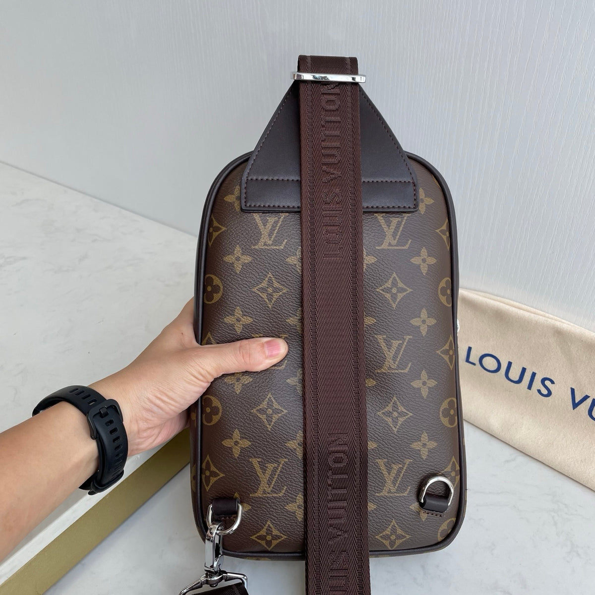 Printed Fabric Metal Logo Vertical Chest Sling Bag B101009