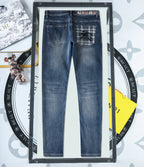 Dark Vintage Fade Check Print Knight Logo Jeans V260810