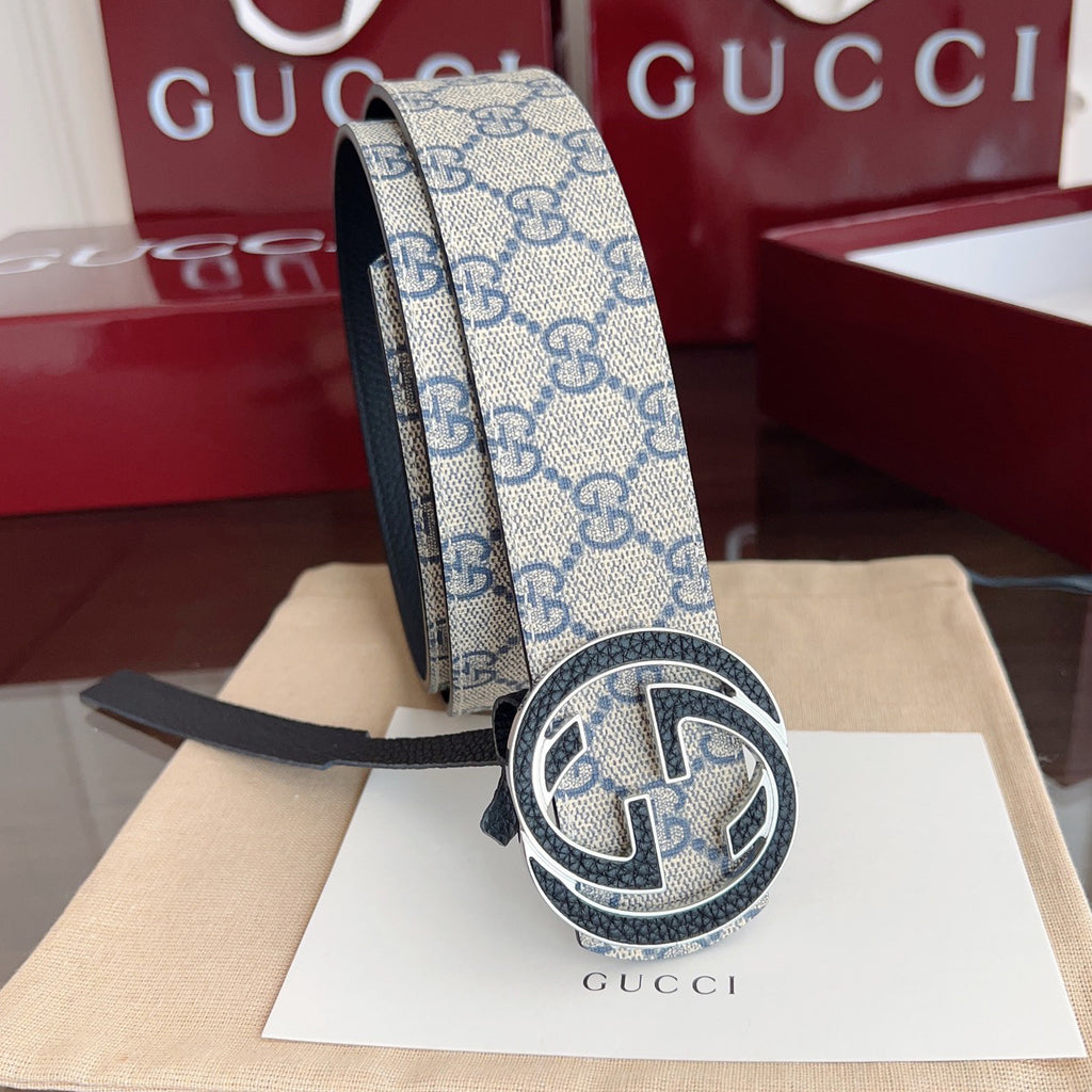 Beige Base Blue Interlocking Pattern Belt With Two-Tone Circle Buckle E020807
