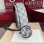 Beige Base Blue Interlocking Pattern Belt With Two-Tone Circle Buckle E020807