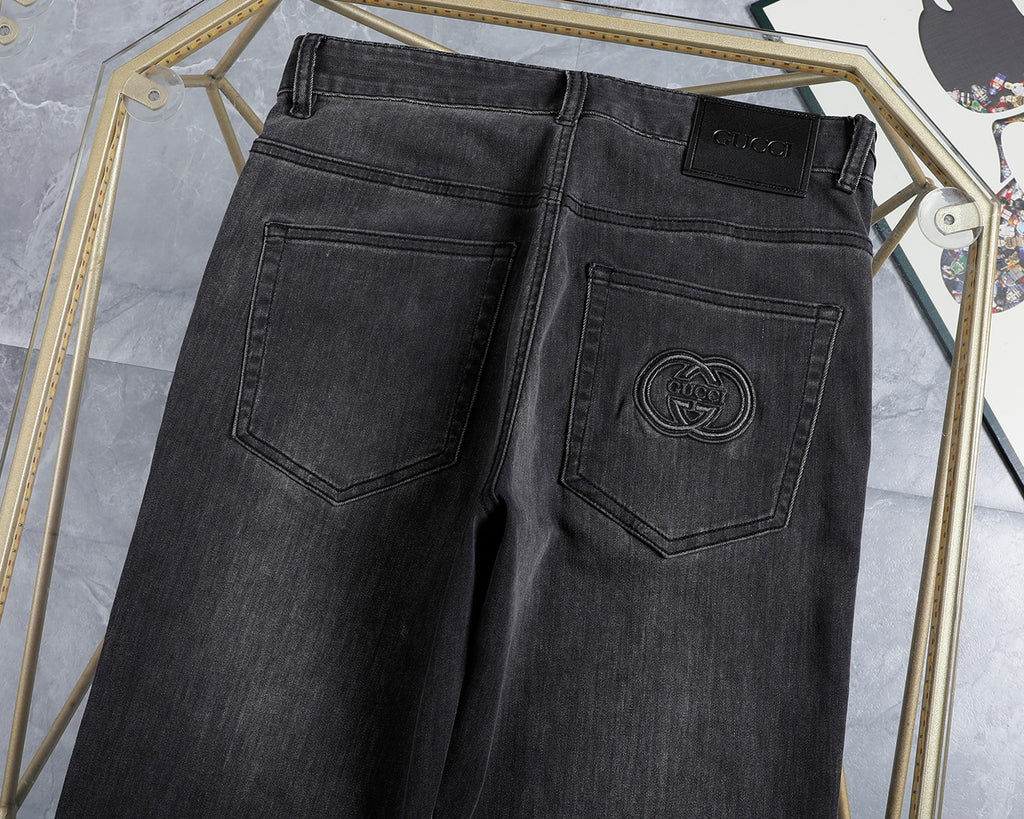 Dark Grey Wash Monogram Embroidery Slim Denim Jeans M260747