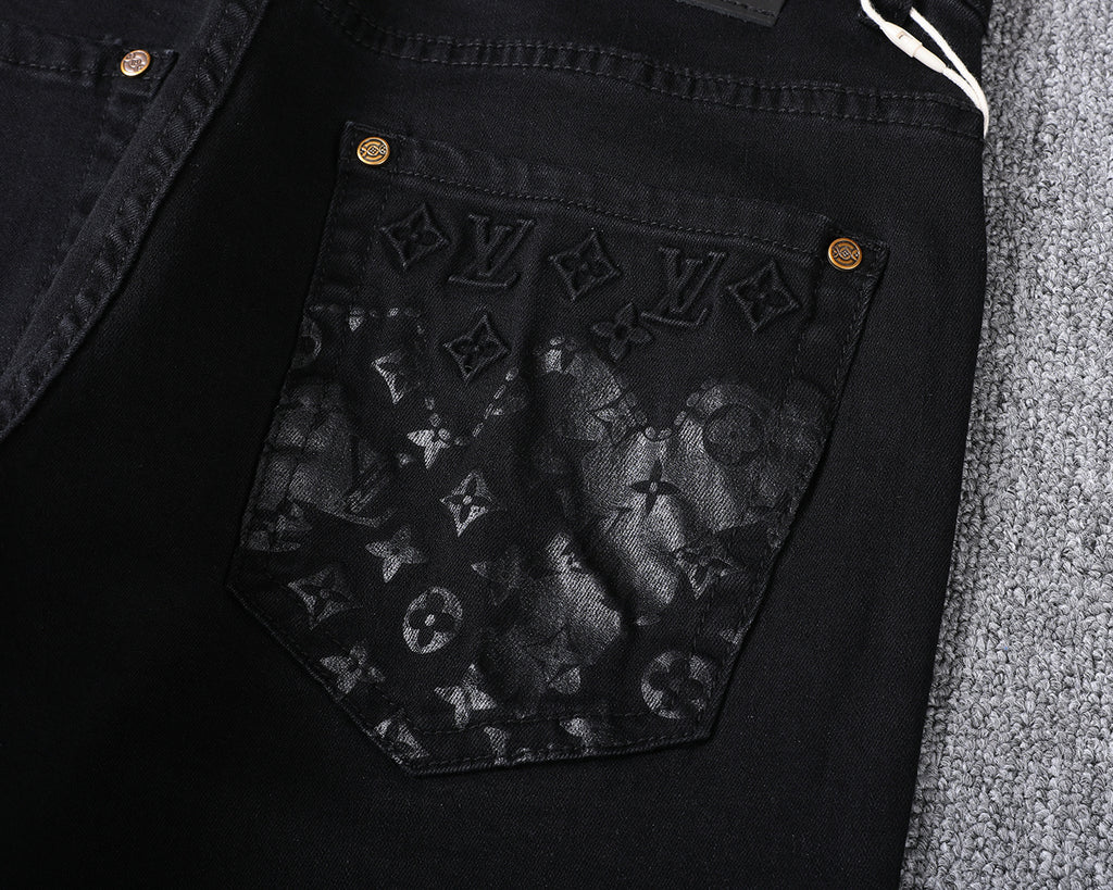 Solid Black Wash Embossed Monogram Jeans V260815