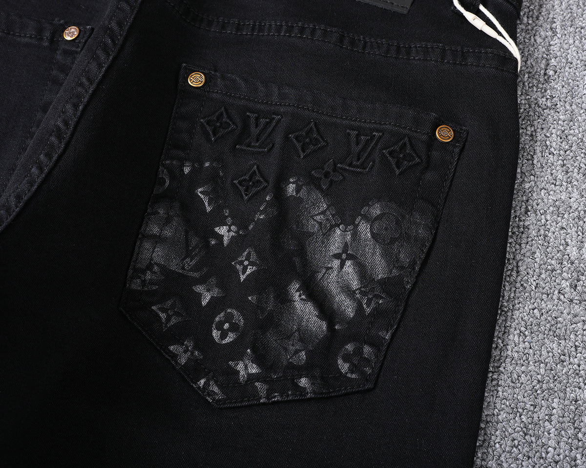 Solid Black Wash Embossed Monogram Jeans V260815