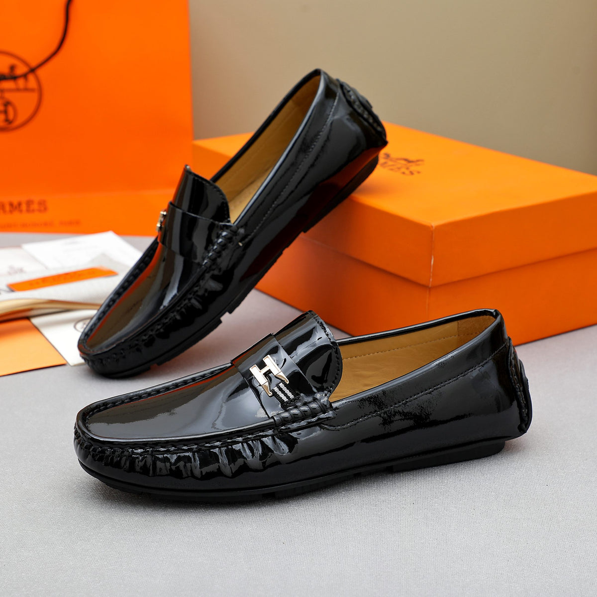Men's Patent Gloss H Metal Buckle Slip-On Loafers NE190142