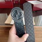 Black Embossed Repeat Pattern Belt With Circular Interlocking Buckle E020809