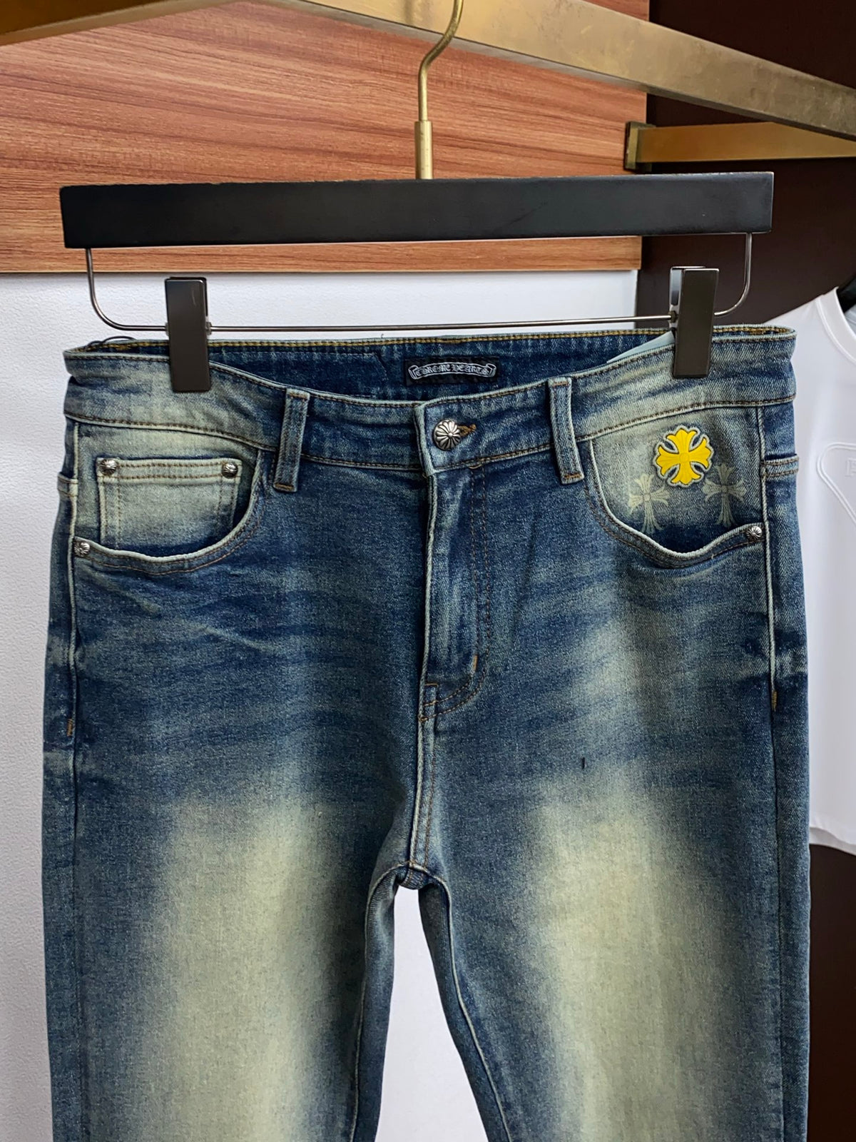Back Pocket Cross Embroidered Vintage Faded Denim Jeans R260535