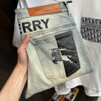 Two-Tone Equestrian Print Washed Jeans E260908