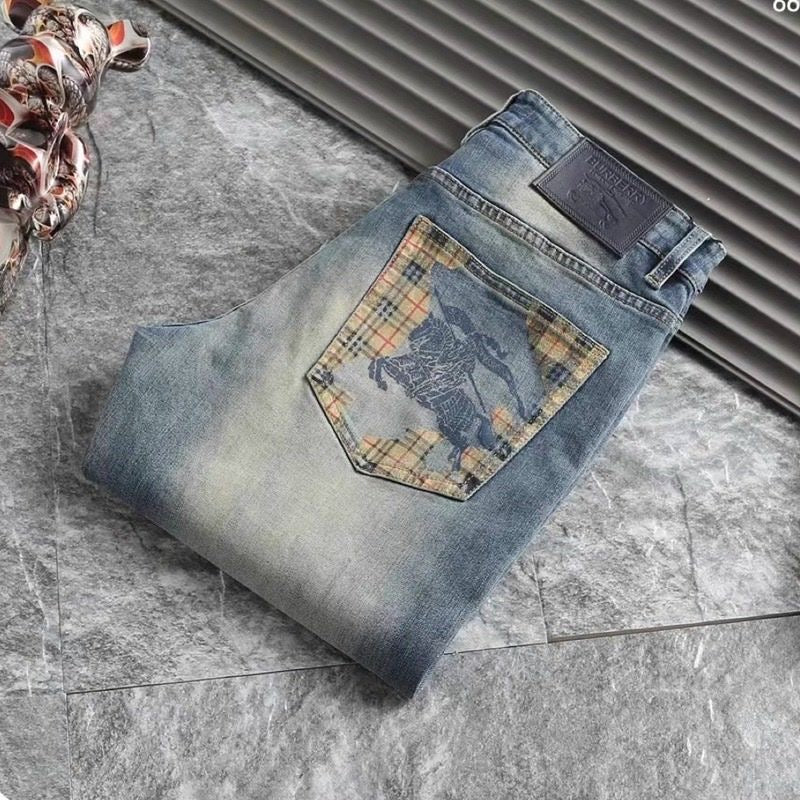 Vintage Wash Plaid Knight Print Slim Jeans C261012