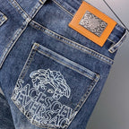 Men Dark Vintage Washed Jeans Medusa Head & Letter Print Back Pocket Slim Fit Denim Pants C261013