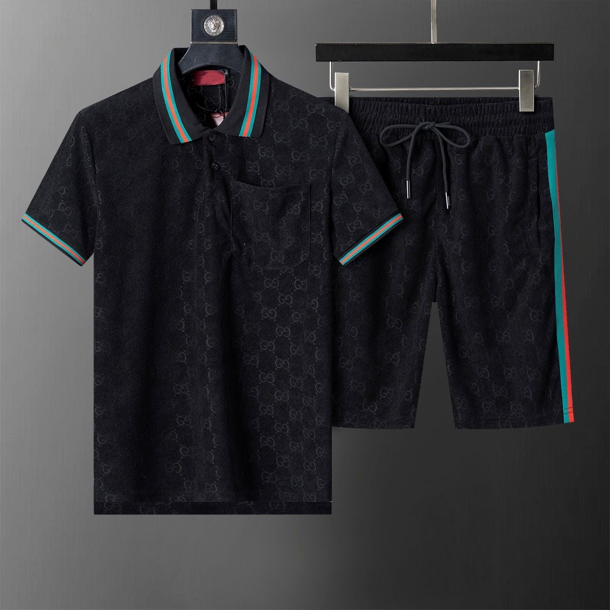 Allover Jacquard Polo Shirt & Shorts 2-Piece Set X269002