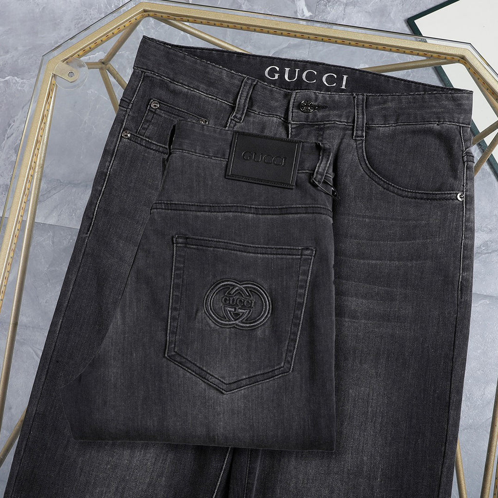 Dark Grey Wash Monogram Embroidery Slim Denim Jeans M260747