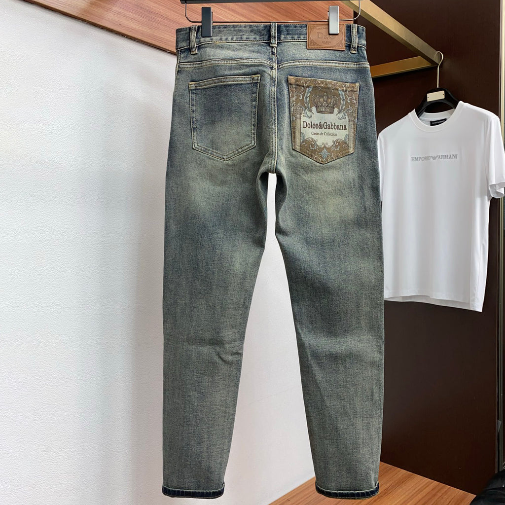 Vintage Dark Faded Crown Art Print Pocket Denim Jeans L260638