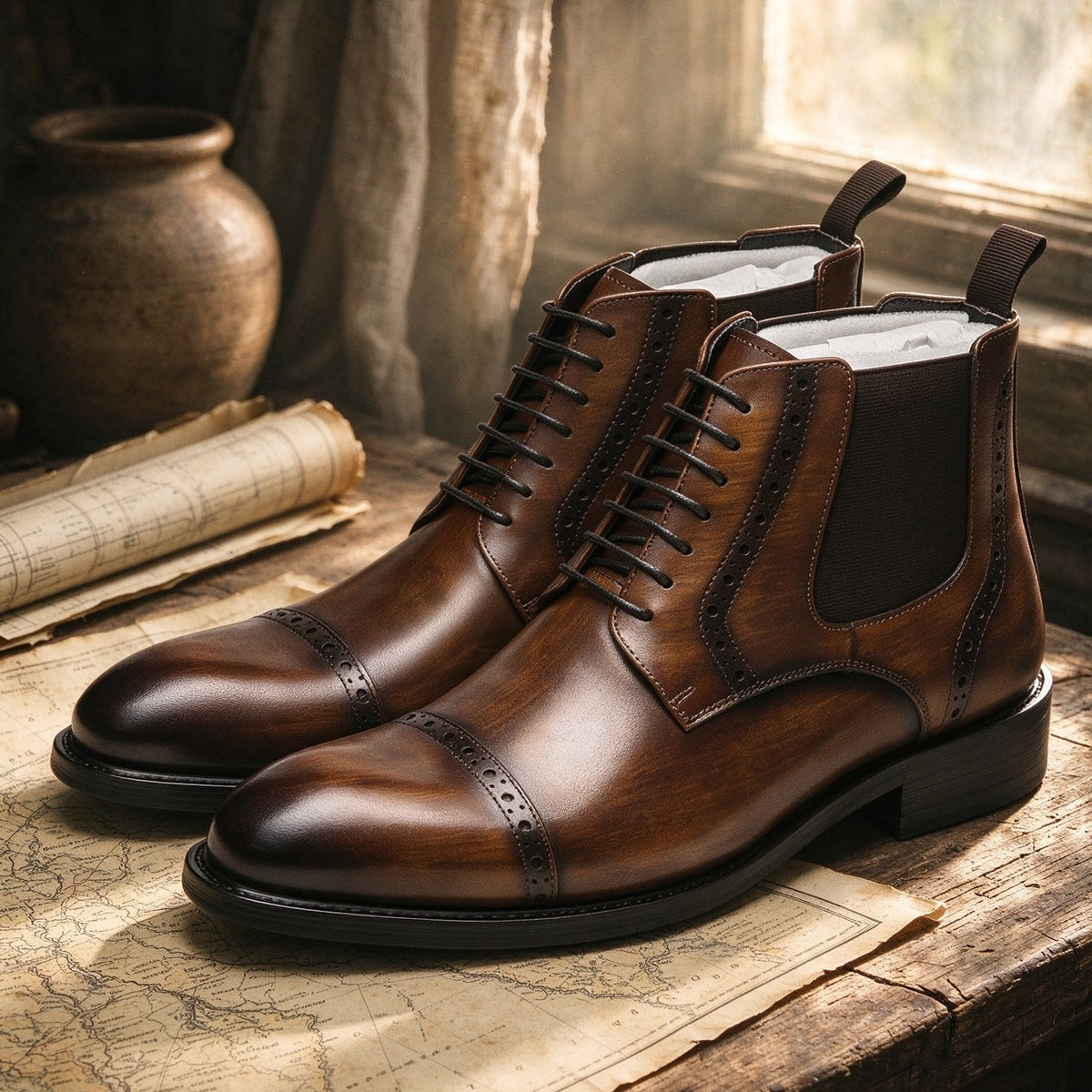 Cap Toe Brogue Lace-Up Chelsea Boots Y101106