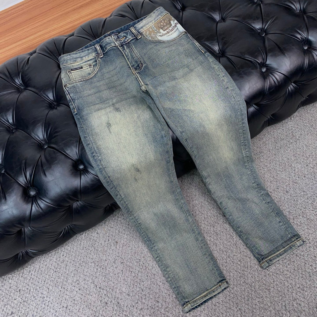 Vintage Dark Faded Crown Art Print Pocket Denim Jeans L260638