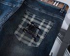 Dark Vintage Fade Check Print Knight Logo Jeans V260810