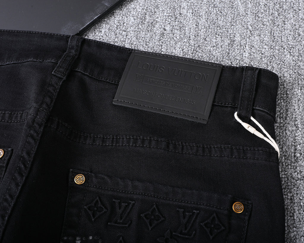 Solid Black Wash Embossed Monogram Jeans V260815