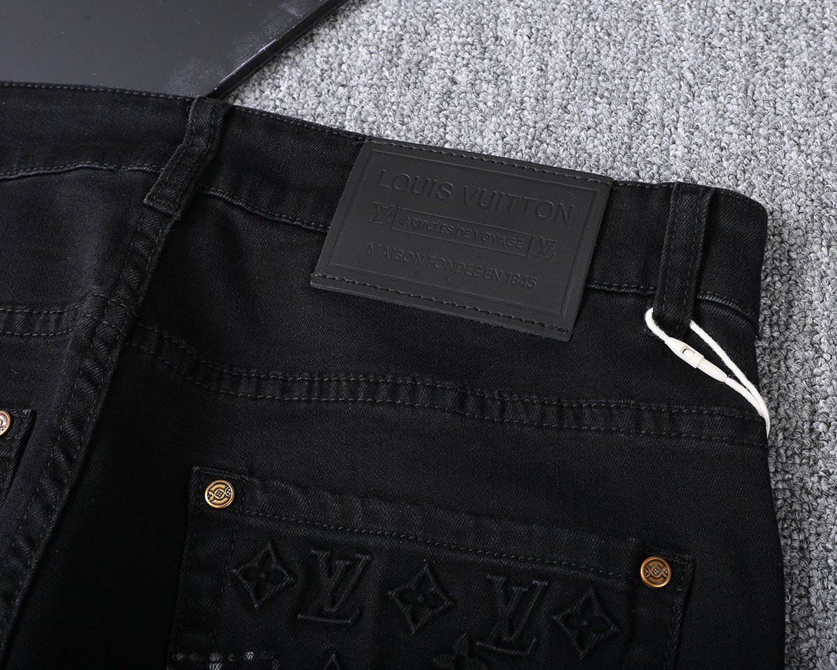 Solid Black Wash Embossed Monogram Jeans V260815