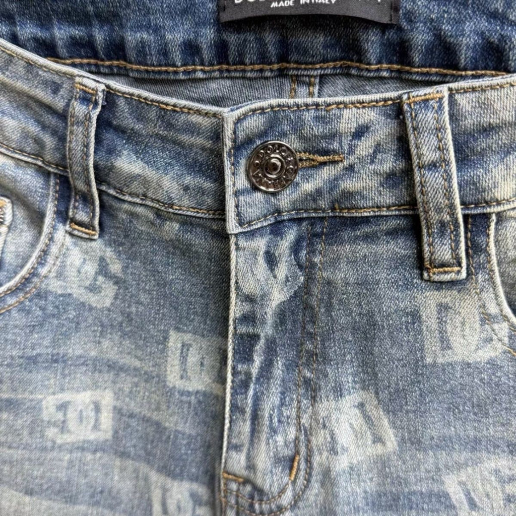 Light Vintage Faded Wash Allover Monogram Print Slim Jeans C261031
