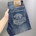 Men Dark Vintage Washed Jeans Medusa Head & Letter Print Back Pocket Slim Fit Denim Pants C261013