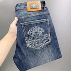 Men Dark Vintage Washed Jeans Medusa Head & Letter Print Back Pocket Slim Fit Denim Pants C261013