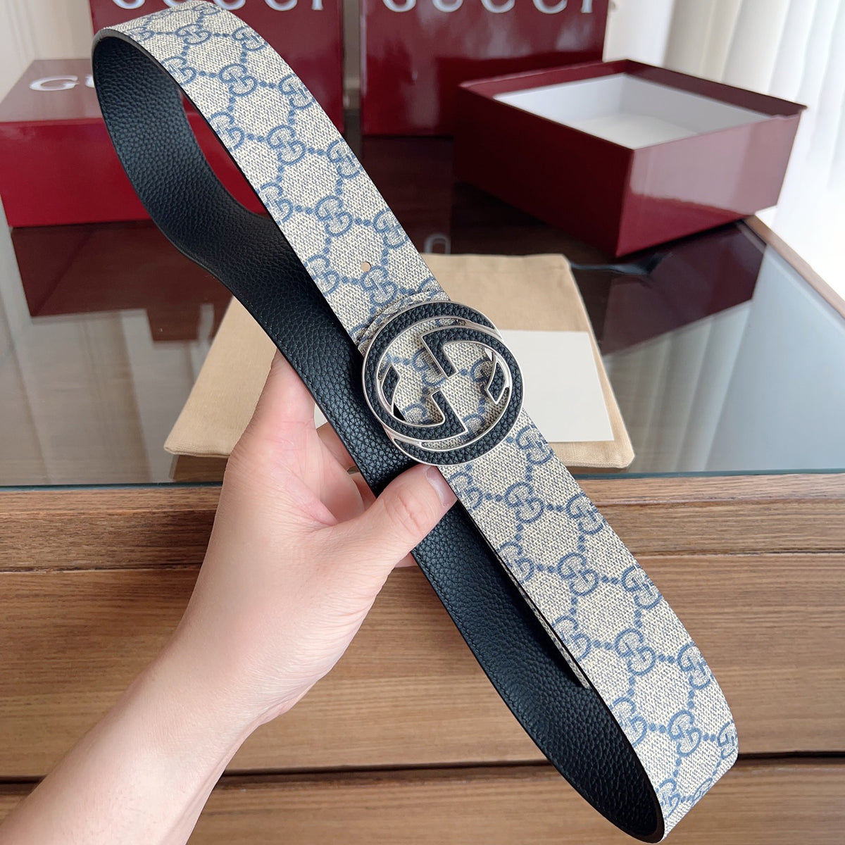 Beige Base Blue Interlocking Pattern Belt With Two-Tone Circle Buckle E020807
