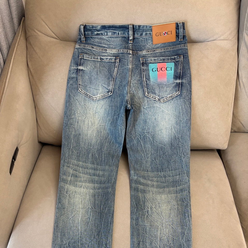 Blue Vintage Faded Wash Mens Printed Pocket Denim Trousers R260511