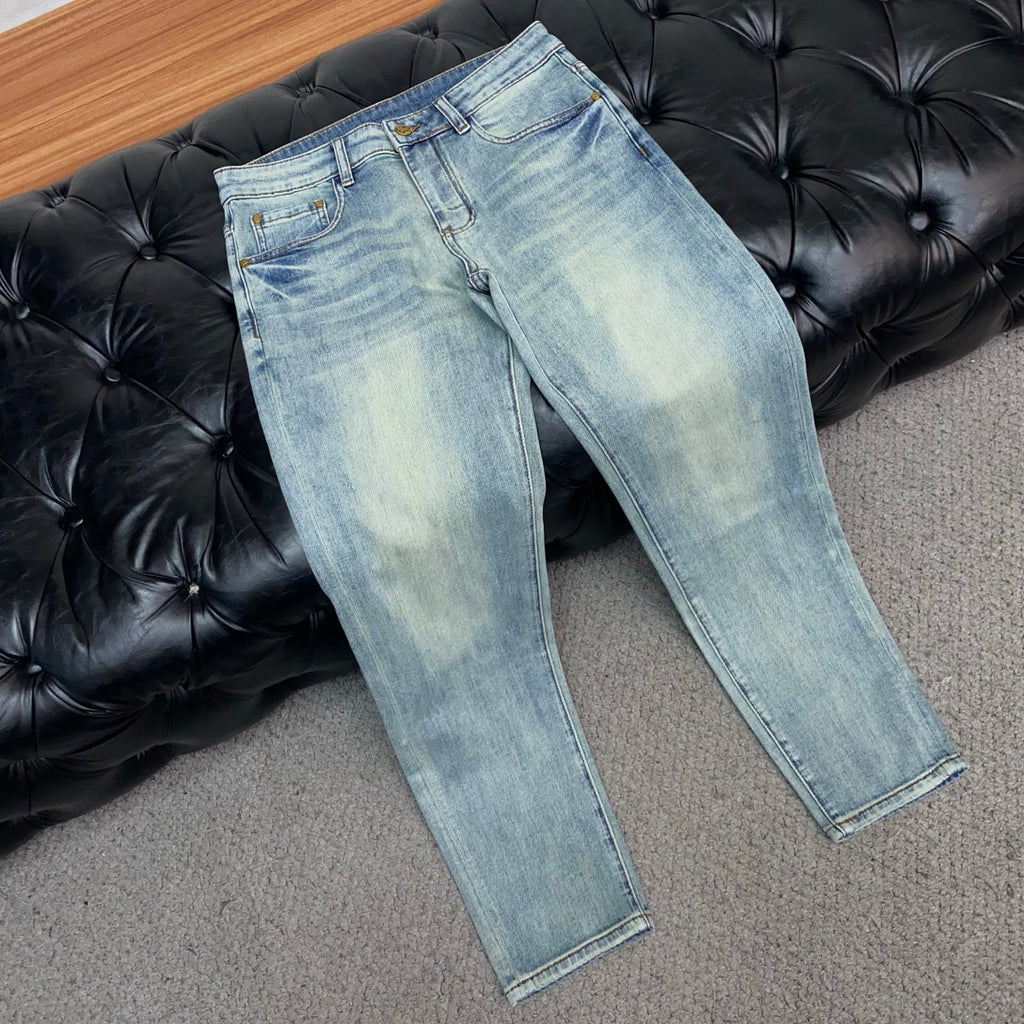 Light Faded Wash Mens Knight Motif Embroidered Pocket Denim Trousers R260525